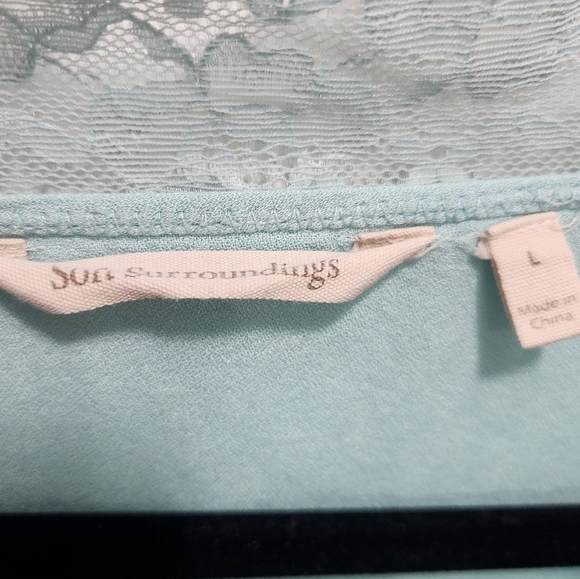 Soft Surroundings Claudia Top Size L Teal Blue Balloon Sleeves V Neck Lace Trim - Picture 5 of 6